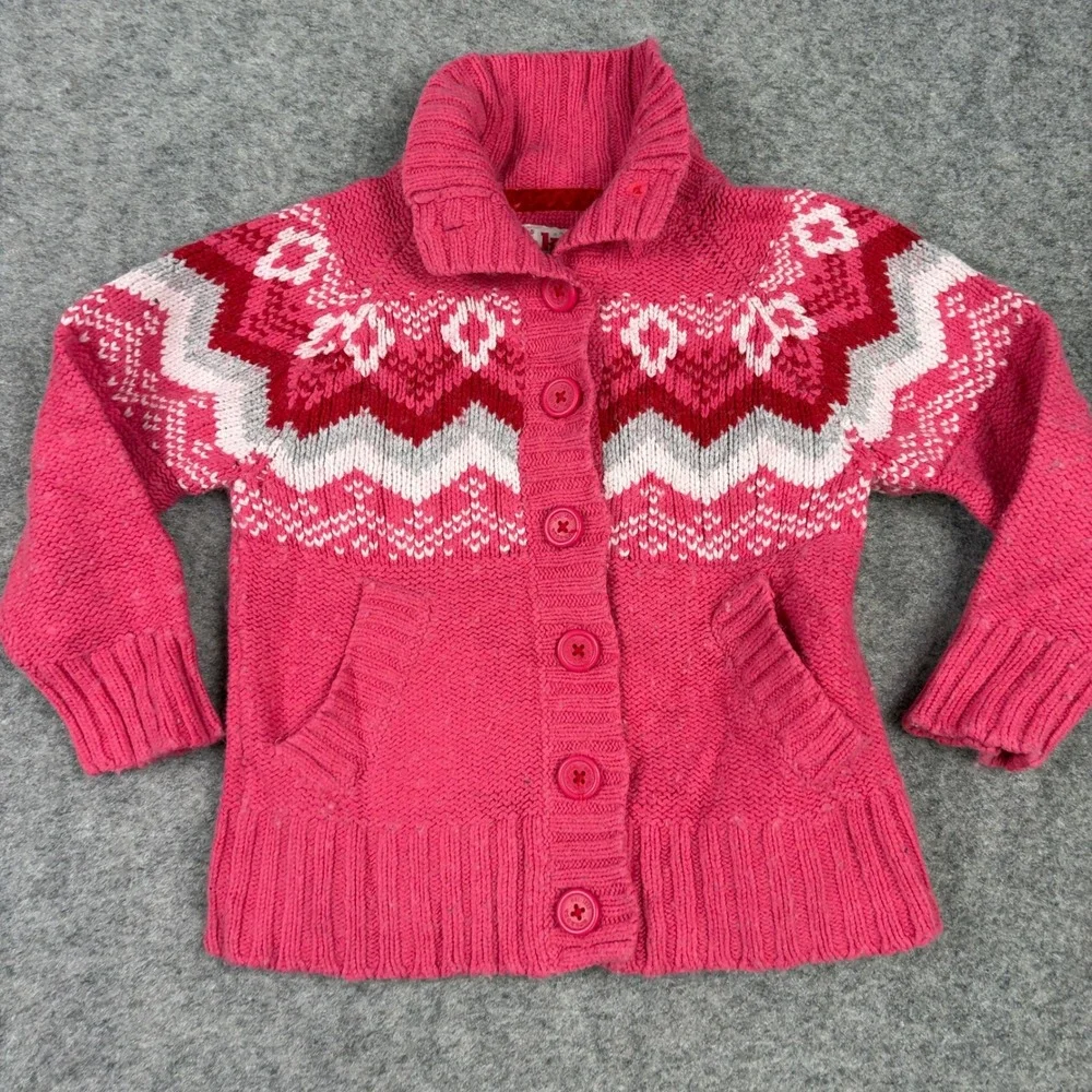 OshKosh Cardigan Sweater Girls Size‎ 5 Pink Fair Isle Nordic Button Front Wool